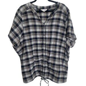 CJ Banks Button-Front Blouse Womens 3X Plaid Lightweight Cotton Blend Plus Size